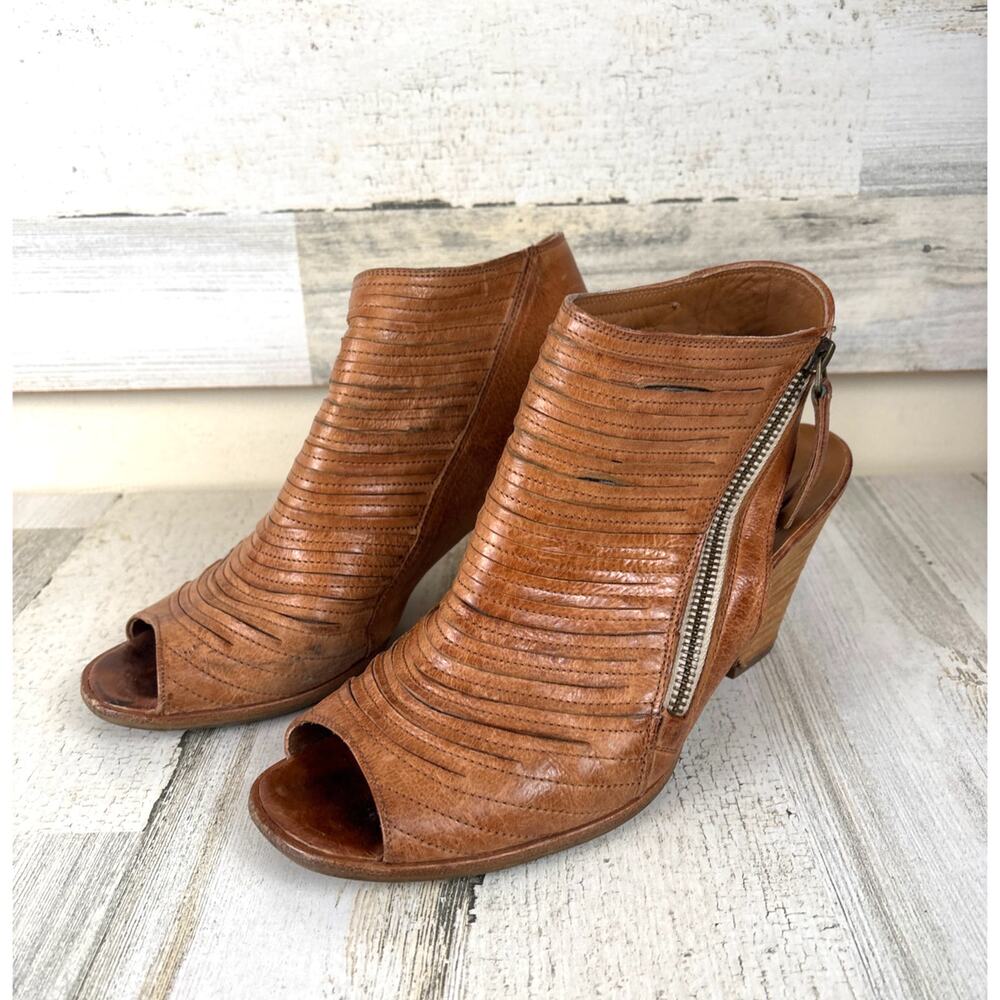 Paul Green Womens 6.5 Brown Leather Peep Toe Heeled Zip Boho Sandal Bootie